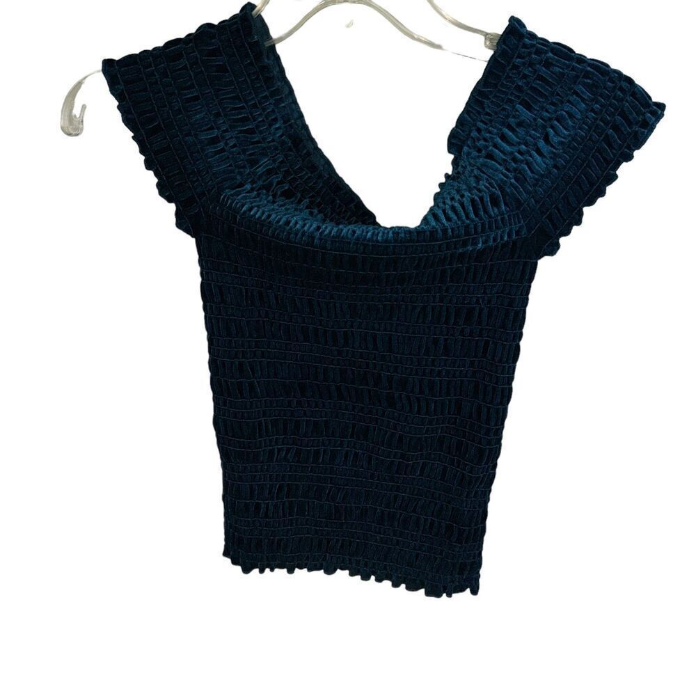 AEROPOSTALE Top SMALL Women Knit Teal Off the Shoulder Stretch Ruched Ribbed